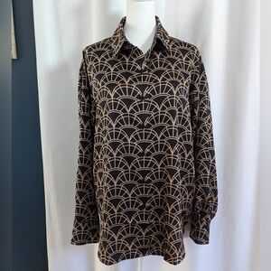Karl Lagerfeld Women’s S Button Up Black And Tan Geometric Print Top Blouse